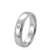 Silver Polished Court Shape CZ Stone Wedding Ring with Millgrain Edges – D Shape – 5mm – Modern Wedding Band