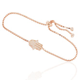 Hamsa Hand of Fatima Rose Gold Color 925 Sterling Silver CZ Studded Toggle Slider Bracelet – Adjustable Women’s Jewelry