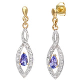 0.9ct Pear Shape Tanzanite and Pave Set Diamond Drop Earrings in 9ct Yellow Gold