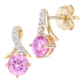 0.8ct Round Created Pink Sapphire and Pave Set Diamond Twist Earrings in 9ct Yellow Gold