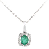 0.3ct Oval Emerald and Diamond pave Square Shape Pendant in UK Hallmarked 9ct White Gold