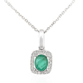 9ct White Gold Oval Emerald & 0.05ct Diamond Cluster Pendant Necklace – Elegant Fine Jewellery