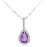 0.62ct Pear Shape Amethyst and Micro Set Diamond Pendant in UK Hallmarked 9ct White Gold