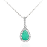 9ct White Gold Emerald & 0.08ct Diamond Teardrop Necklace – Elegant Emerald Jewellery