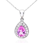 9ct White Gold Created Pink Sapphire & 0.10ct Diamond Teardrop Pendant Necklace – Elegant Jewellery