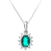 0.6ct Oval Emerald and 0.25ct Diamond Cluster Pendant in UK Hallmarked 9ct White Gold