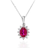 9ct White Gold Oval Ruby Cluster Pendant Necklace with 0.25ct Diamonds – Elegant Gemstone Jewelry for Her