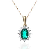 0.6ct Oval Emerald & 0.25ct Diamond Cluster Pendant – 9ct Yellow Gold Necklace