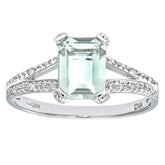 1.52ct Green Amethyst Emerald Cut Solitaire Split Shoulder Ring with Pave Set Side Stones in UK Hallmarked 9ct White Gold
