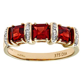 1.36ct Garnet 3-stone Ring with Pave Set Diamonds in UK Hallmarked 9ct Yellow Gold