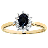 0.79ct Oval Sapphire and 0.1ct Round Diamond Cluster Ring in UK Hallmarked 9ct Yellow Gold