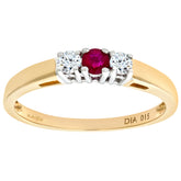 0.15 Round Diamond and 0.19ct Ruby 3 stone ring in UK Hallmarked 9ct Yellow Gold
