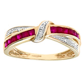0.76ct Channel Set Square Ruby and Diamond Pave Crossover Eternity Ring in UK Hallmarked 9ct Yellow Gold