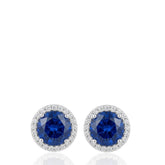 Blue Sapphire Stud Earrings, Round Blue Gemstone Earrings, Silver Tone Earrings, Halo Stud Earrings