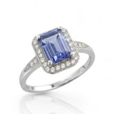 Elegant Halo Design Emerald Cut Sapphire 925 Sterling Silver Ring