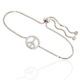 Peace Sign 925 Sterling Silver Toggle Slider Bracelet – CZ Studded Adjustable Bracelet for Women