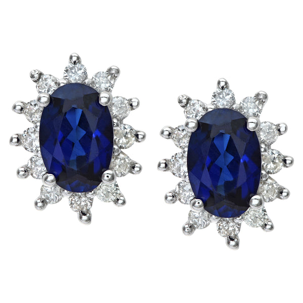 1.23ct Oval Sapphire and 0.25ct Round Diamond Stud Cluster Earrings in 9ct White Gold