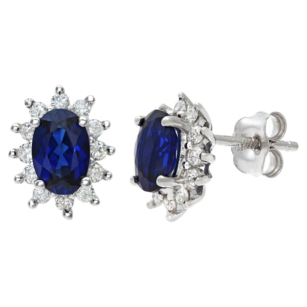 1.23ct Oval Sapphire and 0.25ct Round Diamond Stud Cluster Earrings in 9ct White Gold