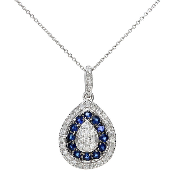 0.3ct Round Sapphire and 0.15ct Diamond Pave Teardrop Pendant in 9ct White Gold