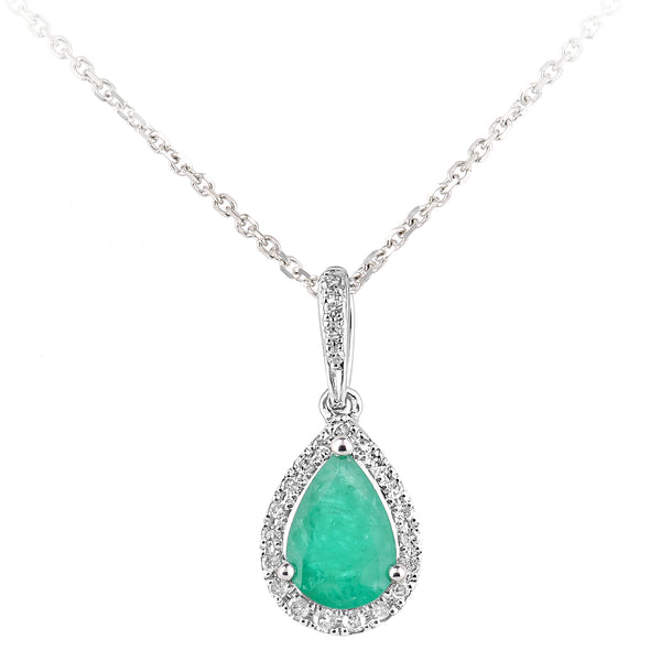 0.56ct Pear Shape Emerald and Micro Set Diamond Pendant in UK Hallmarked 9ct White Gold