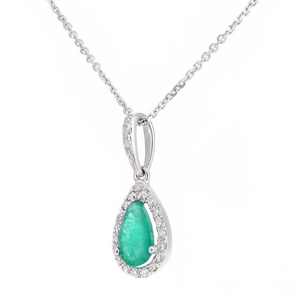 0.56ct Pear Shape Emerald and Micro Set Diamond Pendant in UK Hallmarked 9ct White Gold