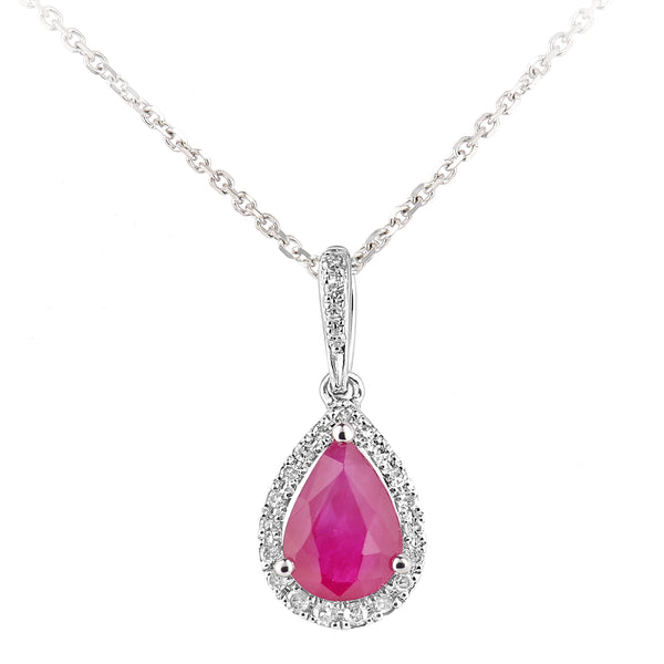 0.62ct Pear Shape Ruby and Micro Set Diamond Pendant in UK Hallmarked 9ct White Gold