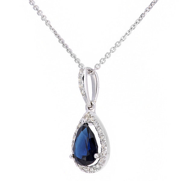 0.92ct Pear Shape Sapphire and Micro Set Diamond Pendant in UK Hallmarked 9ct White Gold