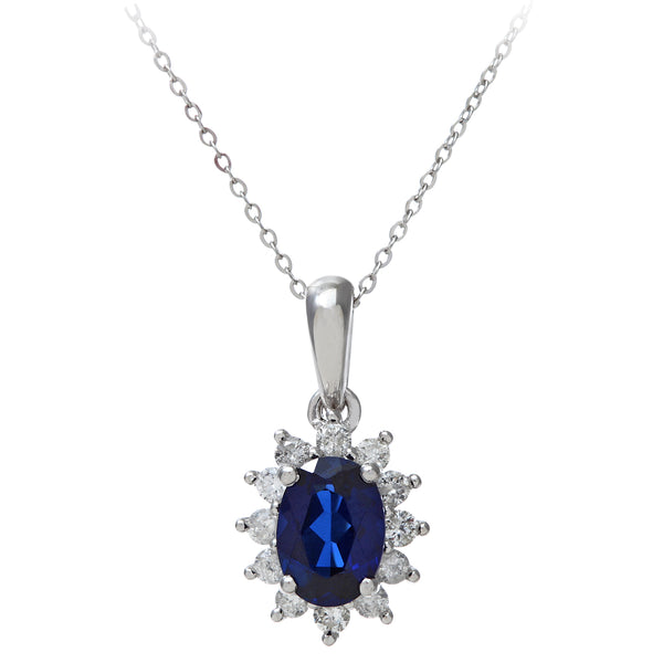 1.1ct Oval Sapphire and 0.25ct Diamond Cluster Pendant in UK Hallmarked 9ct White Gold