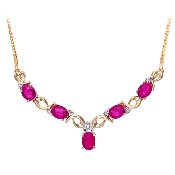 0.7t Oval Ruby and Round Diamond Claw Set Necklace in UK Hallmarked 9ct Yellow Gold