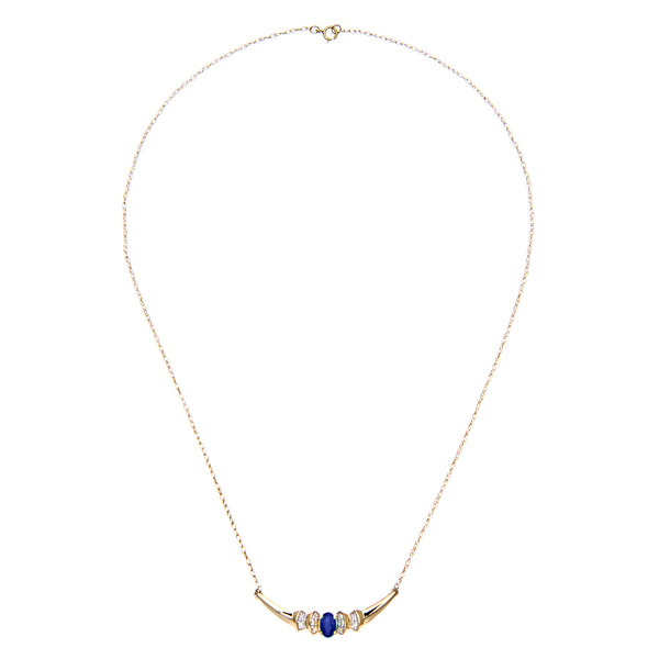 0.7ct Oval Sapphire and Round Diamond Claw Set Bar Necklace in UK Hallmarked 9ct Yellow Gold