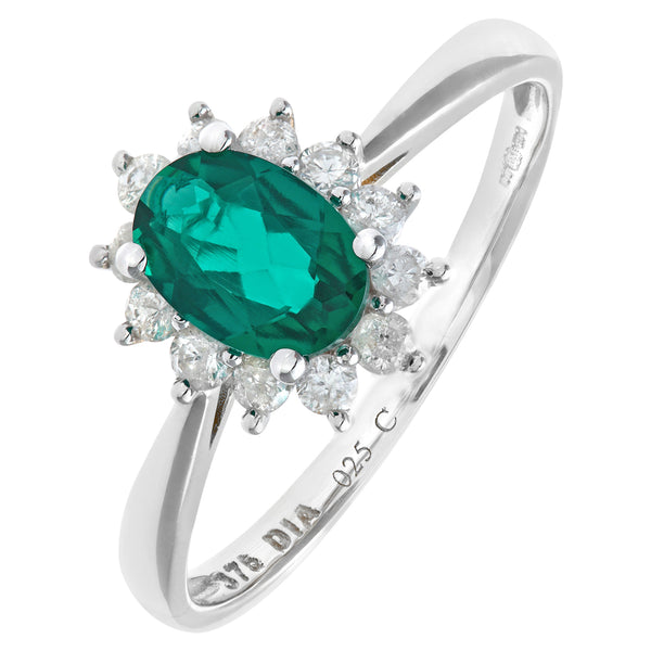 0.67ct Oval Emerald and 0.25ct Round Diamond Cluster Ring in UK Hallmarked 9ct White Gold