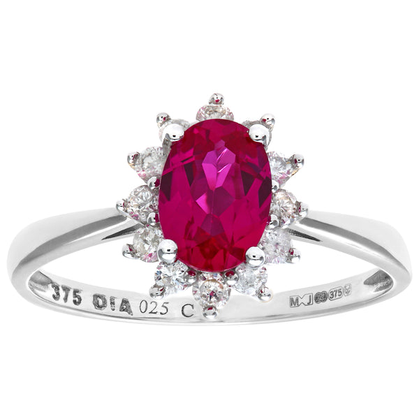 1.1ct Oval Ruby and 0.25ct Round Diamond Cluster Ring in UK Hallmarked 9ct White Gold