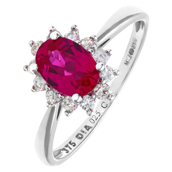 1.1ct Oval Ruby and 0.25ct Round Diamond Cluster Ring in UK Hallmarked 9ct White Gold