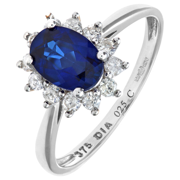 1.09ct Oval Sapphire and 0.25ct Round Diamond Cluster Ring in UK Hallmarked 9ct White Gold