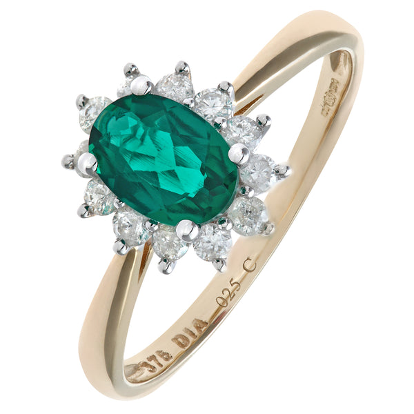 0.67ct Oval Emerald and 0.25ct Round Diamond Cluster Ring in UK Hallmarked 9ct Yellow Gold
