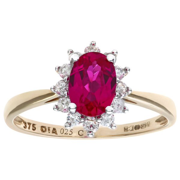 1.1ct Oval Ruby and 0.25ct Round Diamond Cluster Ring in UK Hallmarked 9ct Yellow Gold