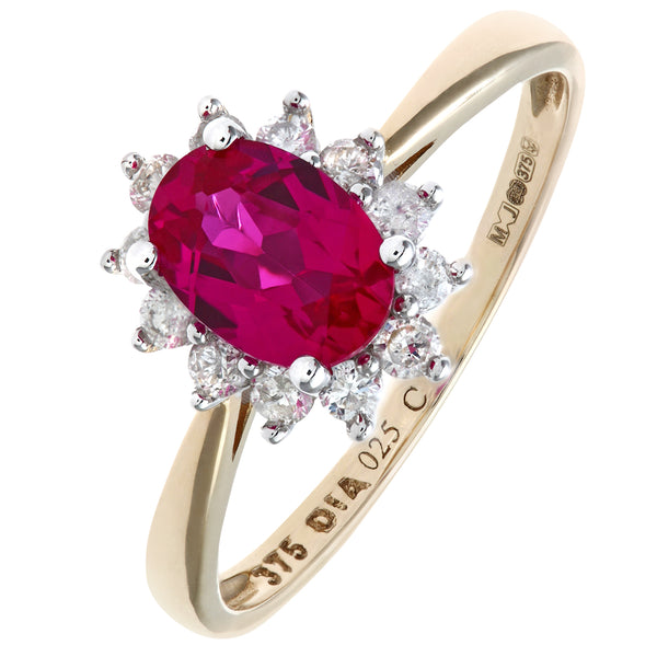 1.1ct Oval Ruby and 0.25ct Round Diamond Cluster Ring in UK Hallmarked 9ct Yellow Gold