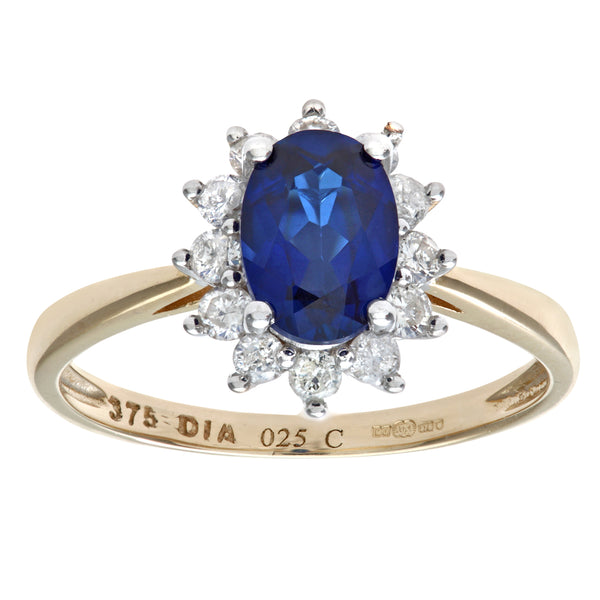 1.09ct Oval Sapphire and 0.25ct Round Diamond Cluster Ring in UK Hallmarked 9ct Yellow Gold
