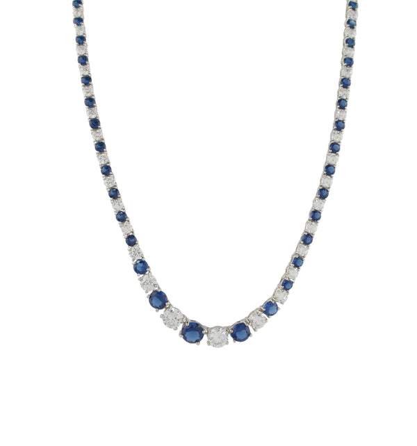 Tennis Style Necklace 925 Sterling Silver with Sapphire and White CZ
