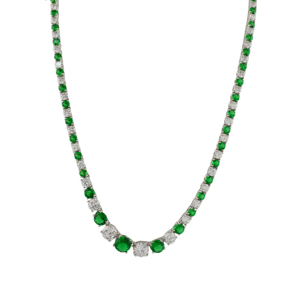 Tennis Style Necklace 925 Sterling Silver with Green and White CZ