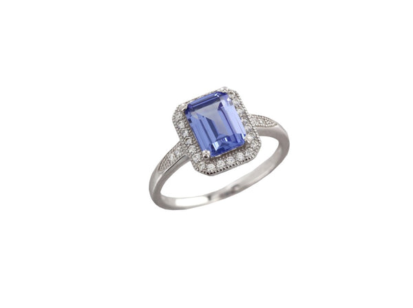 Elegant Halo Design Emerald Cut Sapphire 925 Sterling Silver Ring studded with CZ