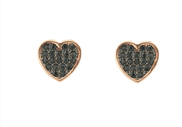 Fashionable Heart Shape Black CZ Rose Gold Colour 925 Sterling Silver Earrings
